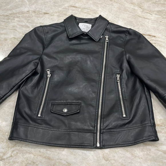 Zara Black Faux Leather‎ Moto Jacket Lapel Collar Zip Front Juniors 13/14 = SP - Picture 5 of 13